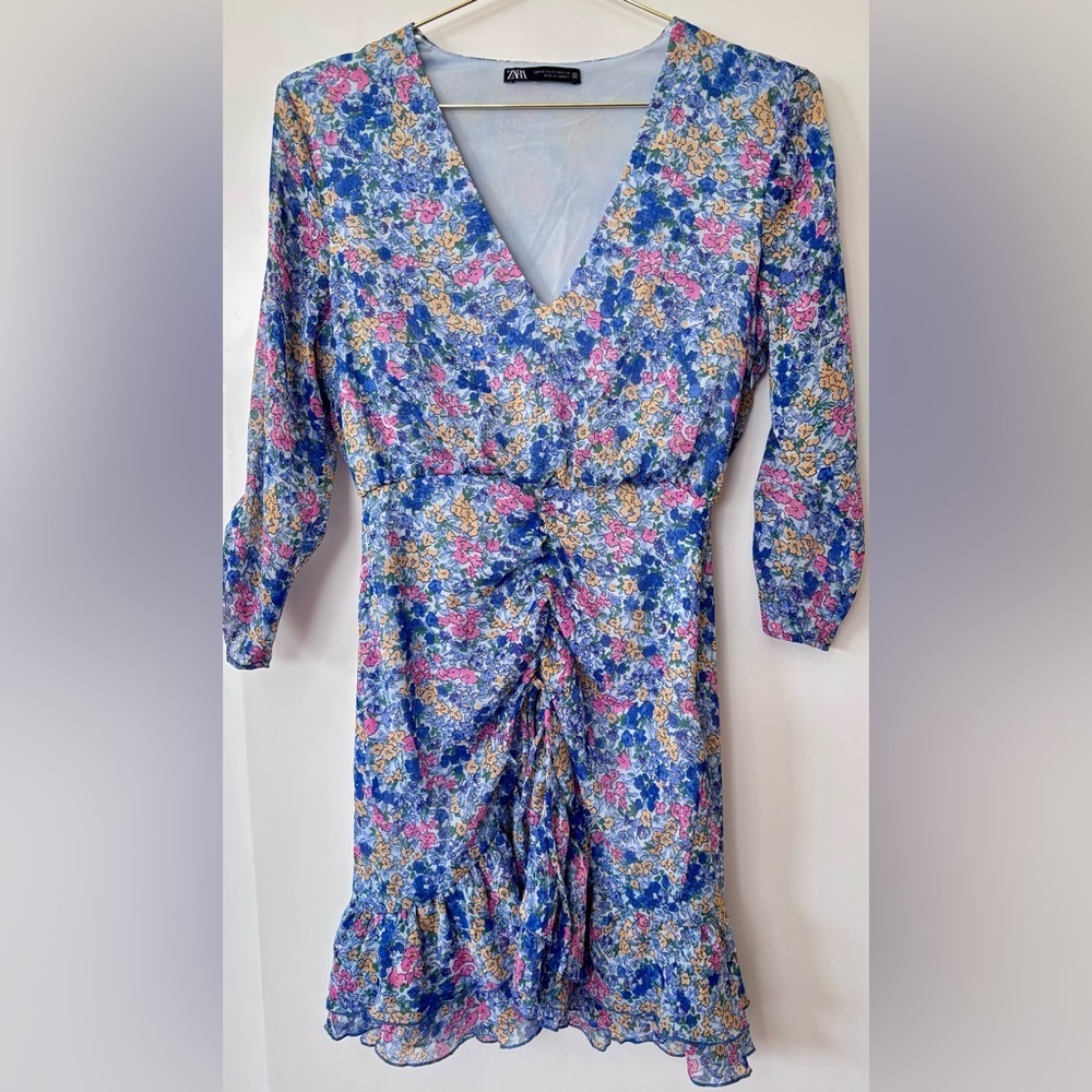 Zara| Blue & Pink Feminine Floral Above Knee Ruched Dress with V-Neck Sz XS - Picture 2 of 9